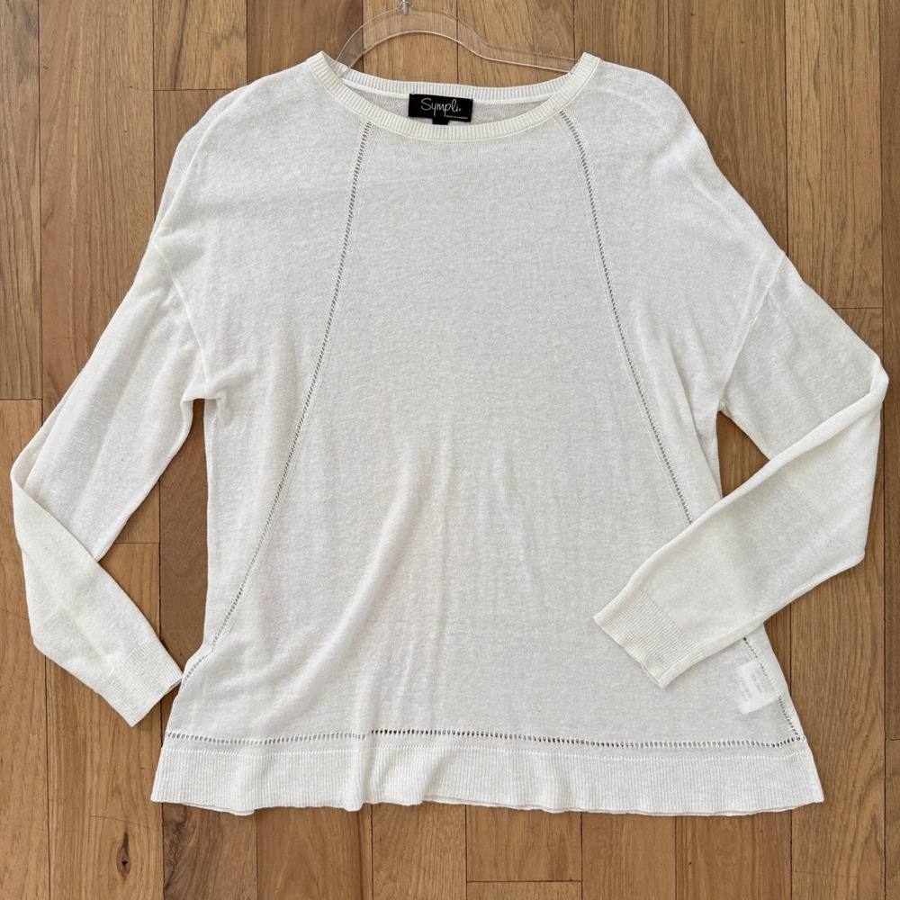 Sympli Knit Top Women M White Excellent Viscose Linen Pointelle Long‎ Sleeve